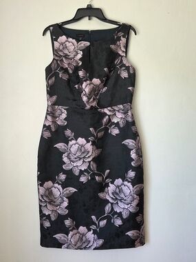Talbots Black Dress with Pink Floral Jacquard Zip Up Back, Size 6